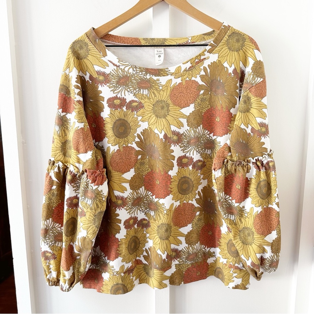 KATE QUINN yellow floral puff sleeve top